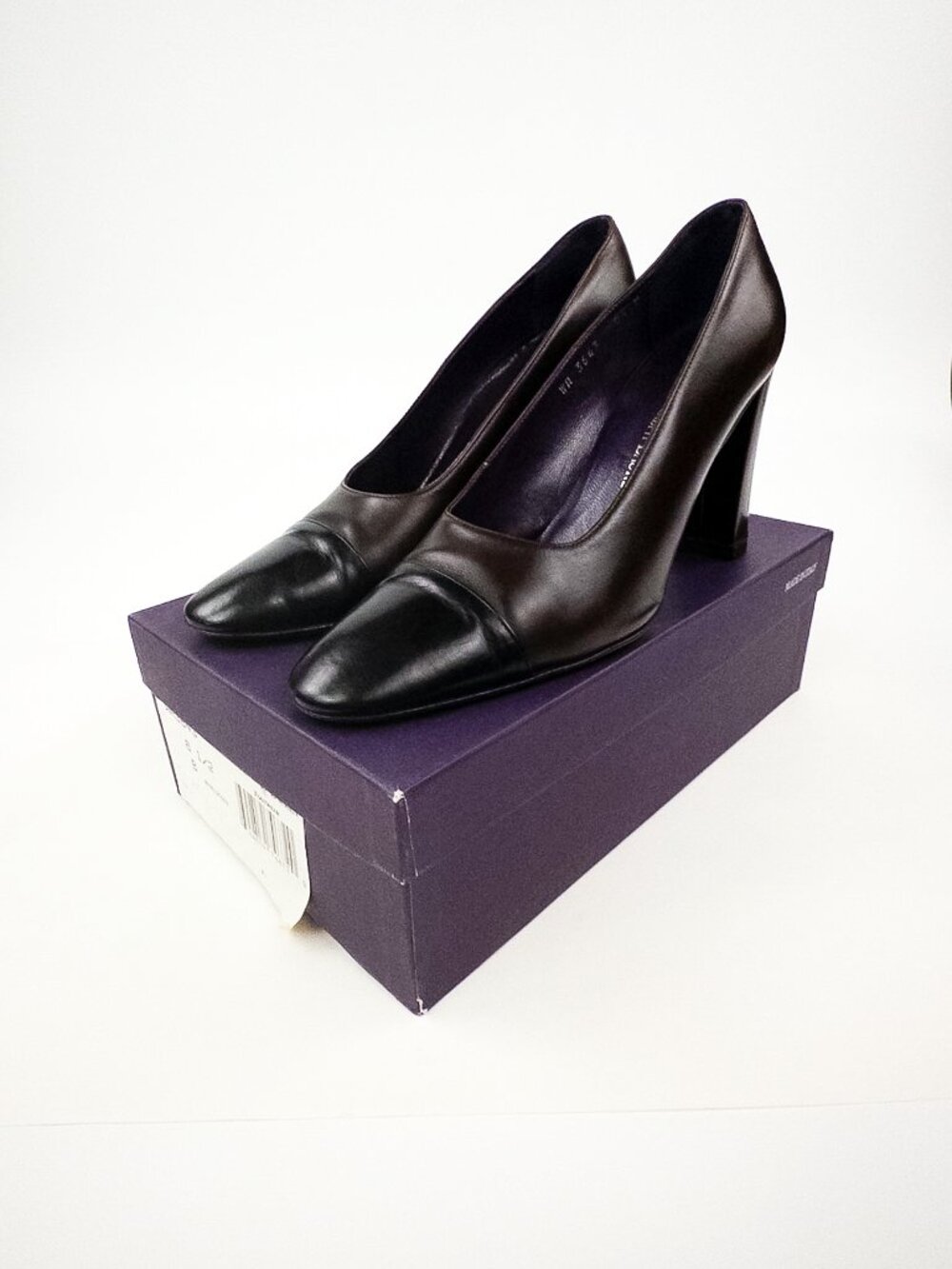 Ralph Lauren Purple Label Brown Black Cap Toe Pumps Block Heel Sz 8.5 - Picture 4 of 10